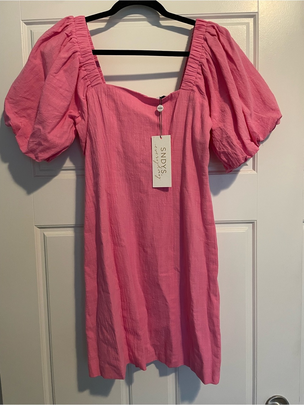 NWT SDNY Revolve Tuscany Linen Square-Neck Mini Dress with Puff Sleeves in Pink - Picture 3 of 6